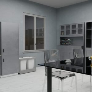Sleek modern kitchen with glass table, gray cabinets, and decor elements for stylish living.
