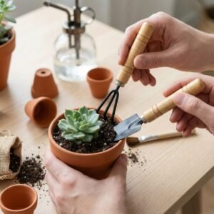 ৩-পিস মিনি গার্ডেন টুল সেট - গাছপালা এবং আগাছা পরিষ্কারের জন্য কাঠের হাতল সহ বেলচা, রেক, কোদাল